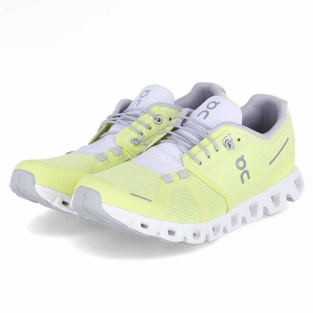 On Running Gray and Yellow Athletic Shoes with Cushioned Sole